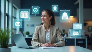 Executive assistant using AI tools for productivity in 2025 with icons like ChatGPT, Notion, and Otter.ai displayed on a digital screen