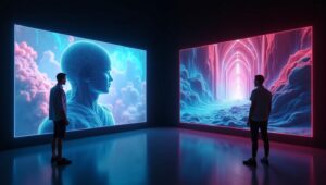 A futuristic digital display showing Leonardo AI and Midjourney side by side on holographic screens, with vibrant neon visuals and cyberpunk-inspired art designs.