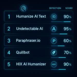 Top AI humanizers ranked with detection-safe scores on a futuristic interface