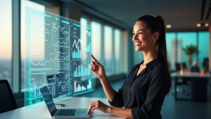 A businesswoman reviewing AI-powered marketing analytics on a large transparent screen with floating charts and graphs in a futuristic office setting.