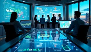 A futuristic social media control center with AI-powered post scheduling, trend analysis graphs, and brand monitoring dashboards on glowing digital screens.
