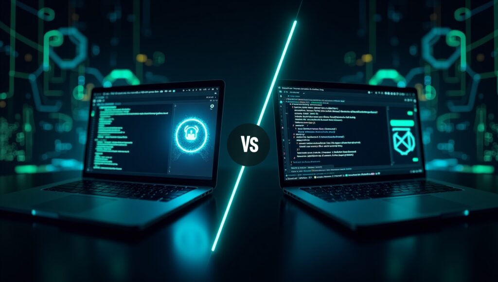 Visual comparison of ChatGPT and DeepSeek AI interfaces, showing chatbot vs Python coding assistant in a futuristic design