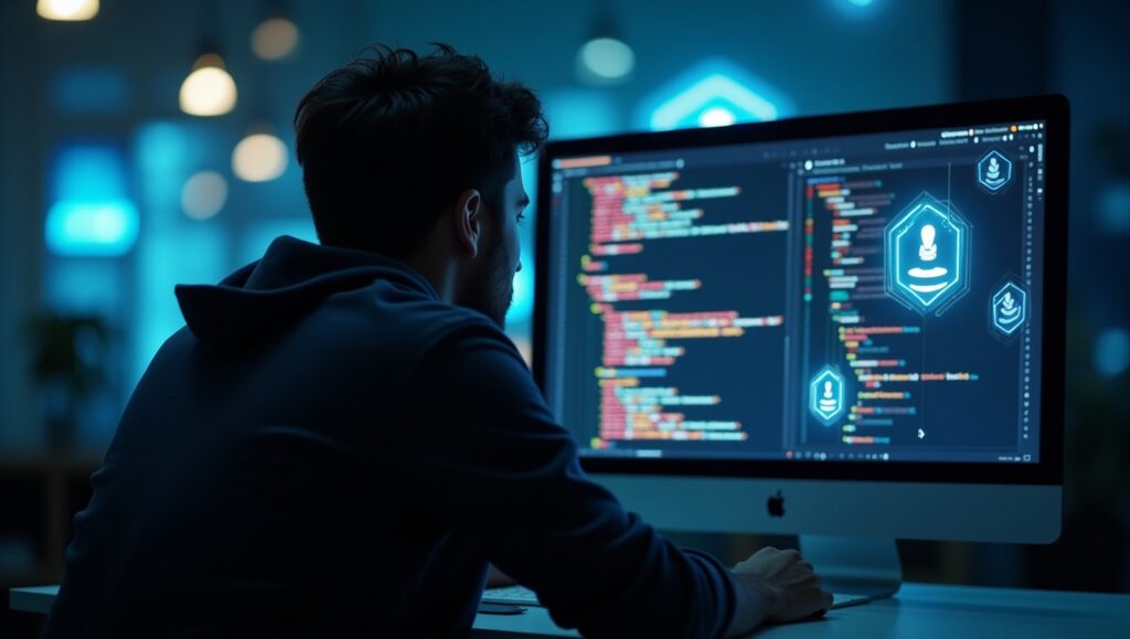 Java AI code generator feature image with developer and AI interface
