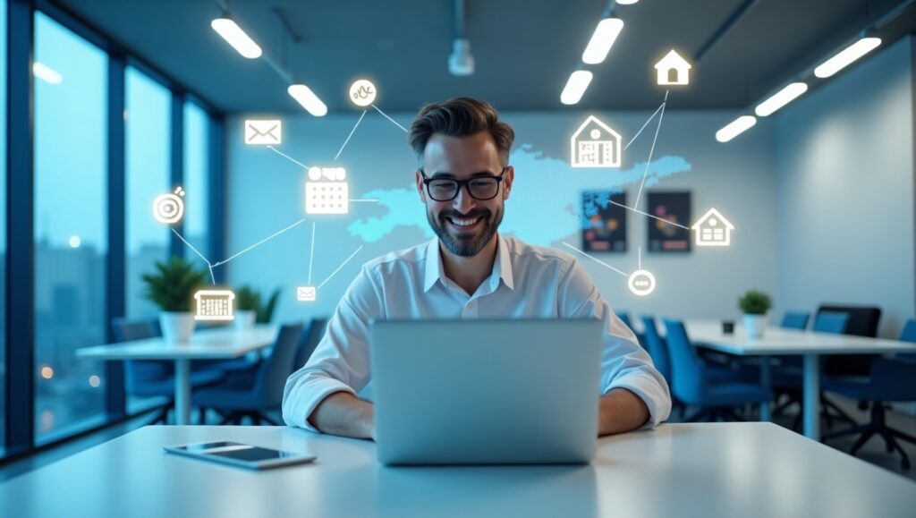 Real estate agent using AI tools with floating icons for task automation, including scheduling, listings, chatbots, and analytics in a modern digital office