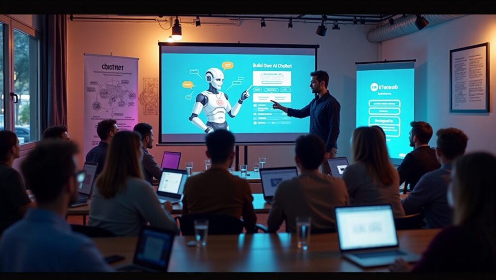 Participants attending an AI chatbot meetup event to learn how to build their own chatbot