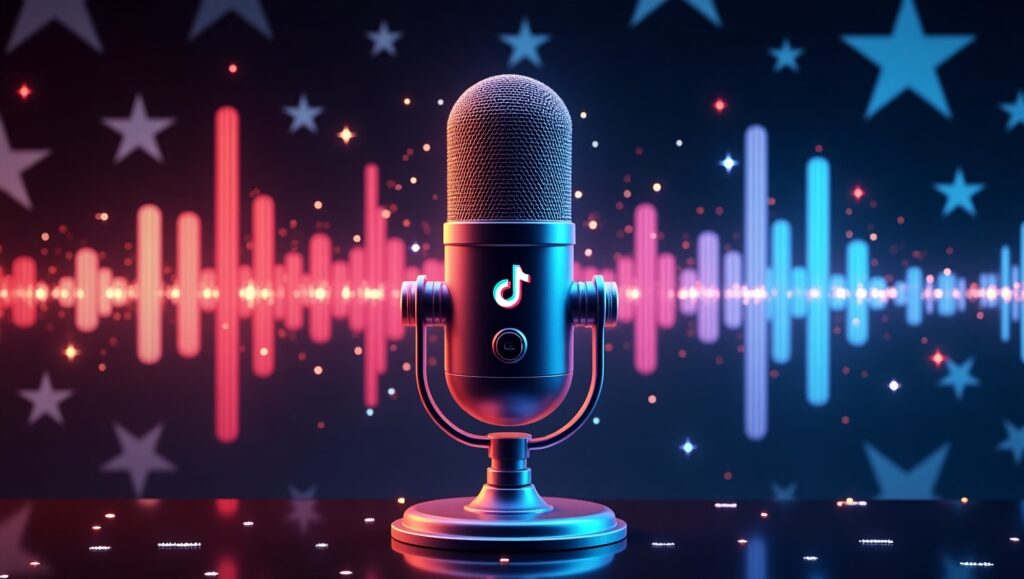 Futuristic digital microphone with glowing sound waves, TikTok logo, and USA theme background, featuring text 'Top 10 AI Voice Generators for TikTok – 2025 Edition