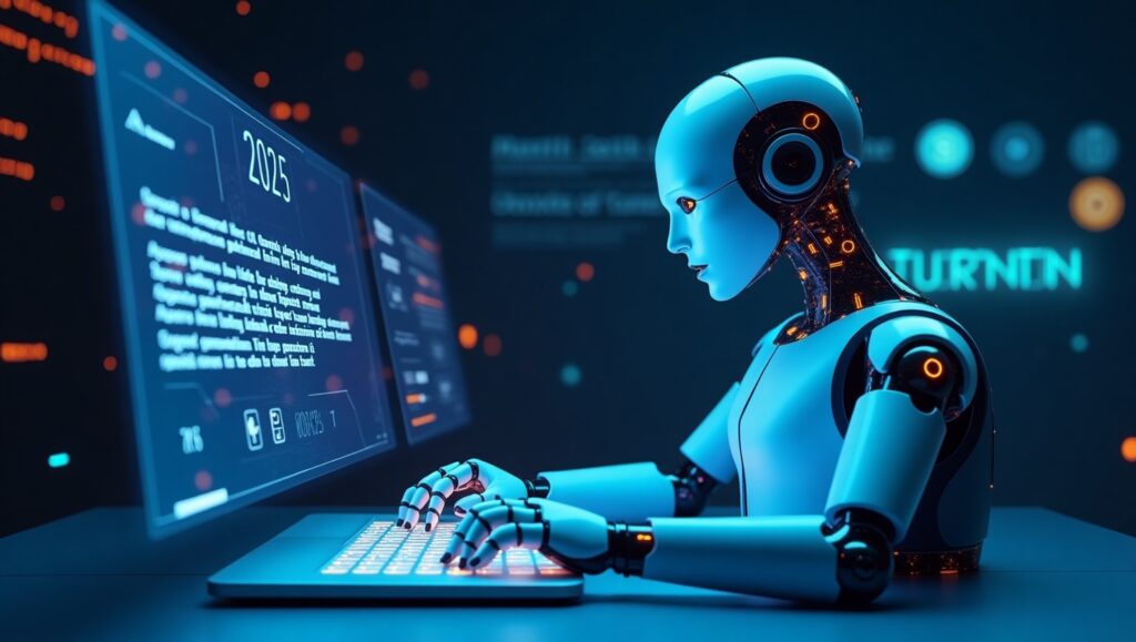 AI robot humanizing text in a futuristic interface with Turnitin detection in the background