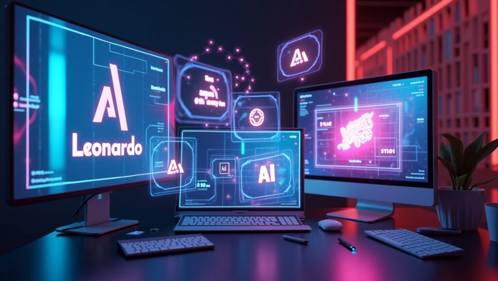 A futuristic digital workspace featuring multiple AI image generation platforms like Leonardo AI, Midjourney, and Adobe Firefly on floating holographic screens with neon lights and cinematic design.