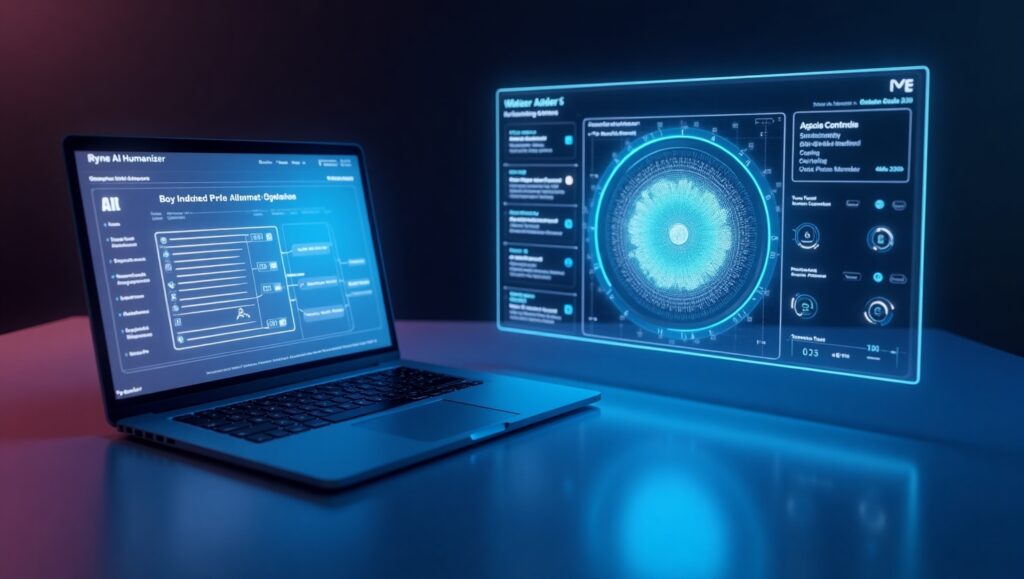 Comparison of Ryne AI’s Humanizer and Walter AI with futuristic interface design
