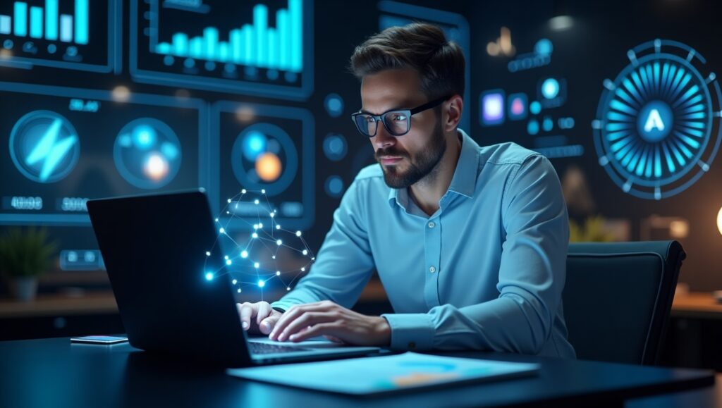 A modern digital workspace with holographic charts, marketing dashboards, social media icons, and glowing analytics, showing a marketer analyzing AI-powered insights on a laptop.